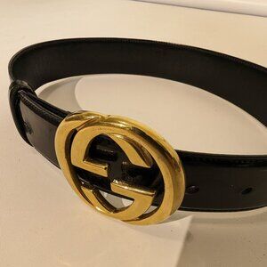 GUCCI GG Marmont logo leather Belt gold black Women buckle used vintage authen